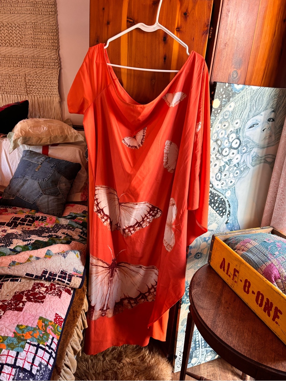 Coral Butterfly-Print Women's Kaftan Robe